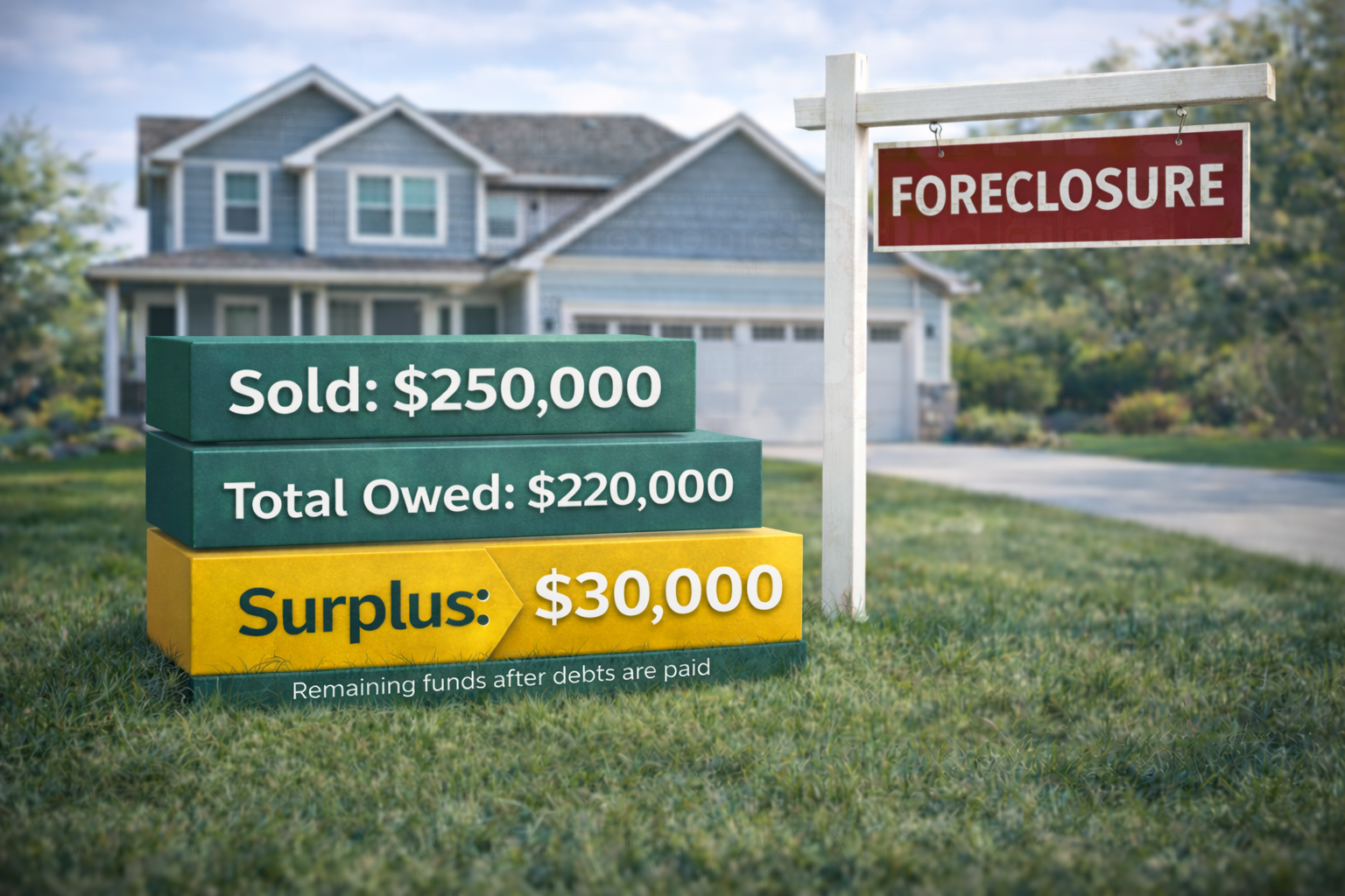 Foreclosure surplus funds example showing sold amount, amount owed, and surplus balance